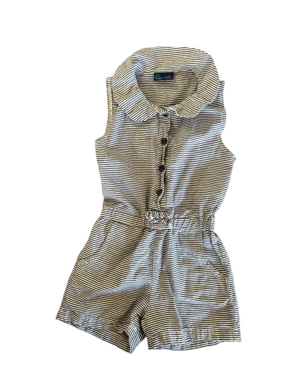 Sweet & Soft Paris Striped Peter Pan Collar Sleeveless Romper - Navy/White